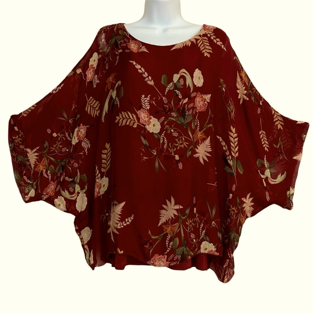 Belle France Maroon Floral Poncho Blouse Size Large Sheer Overlay Relaxed Fit